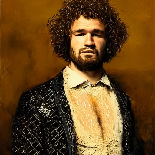 Prompt: Ben Askren, UFC, wearing an ornate suit, portrait, painting by Rembrandt, highly detailed
