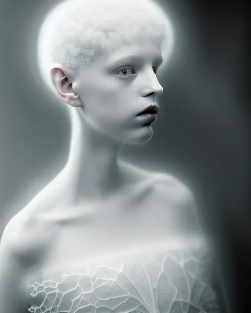 Image similar to dreamy foggy soft luminous bw art photo taken in 2 1 0 0, beautiful spiritual angelic biomechanical mandelbrot fractal albino girl cyborg with a porcelain profile face, very long neck, halo, white smoke atmosphere, rim light, big leaves and stems, fine foliage lace, alexander mcqueen, art nouveau fashion pearl embroidered collar, steampunk, elegant