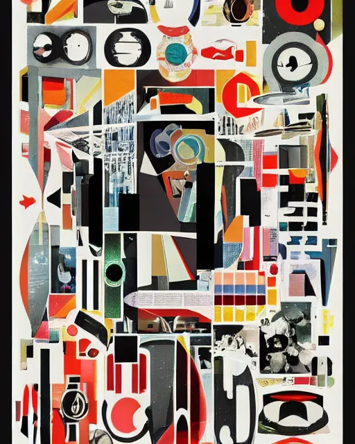 Image similar to A mid-century modern collage, made of random shapes cut from fashion and science magazines, of 2001: A Space Odyssey film poster. 1968