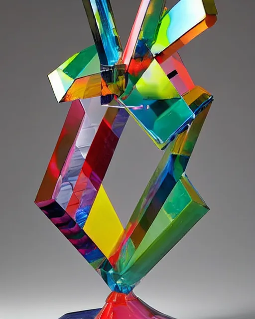 Image similar to a multicolored object sitting on top of a table, an abstract sculpture by john chamberlain, trending on pinterest, crystal cubism, angular, made of crystals, iridescent