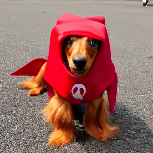 Prompt: vibrant red longhair dachshund in ninja costume