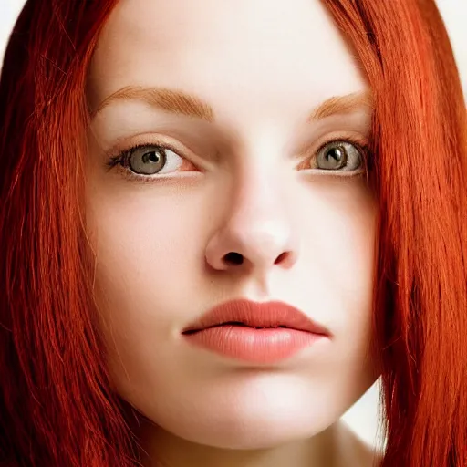 Image similar to face portrait, white woman, 22 years old, thin, center parting straight red hair, snub nose, small lips, studio photography by Annie Leibovitz, f/8