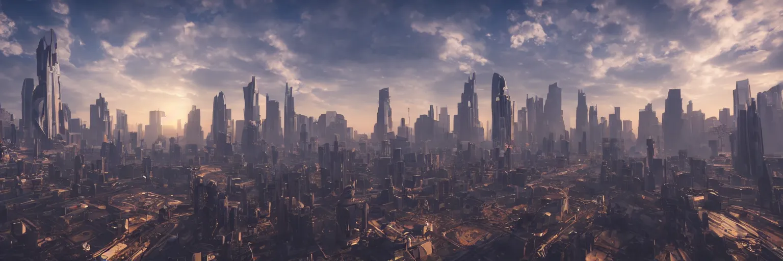 Prompt: majestic futuristic city of angels, epic scale, dramatic buildings, cinematic sky, 8 k, unreal engine 5