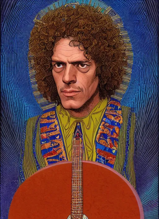 Image similar to an awesome jean giraud graphic art of pat metheny in the style of a renaissance masters portrait, mystical and new age symbolism and tibetan book of the dead imagery, intricately detailed, 4 k