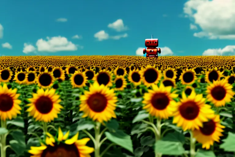 Prompt: a cute little robots at sunflower field. super realistic 8 k render of a elegant, cinematic composition