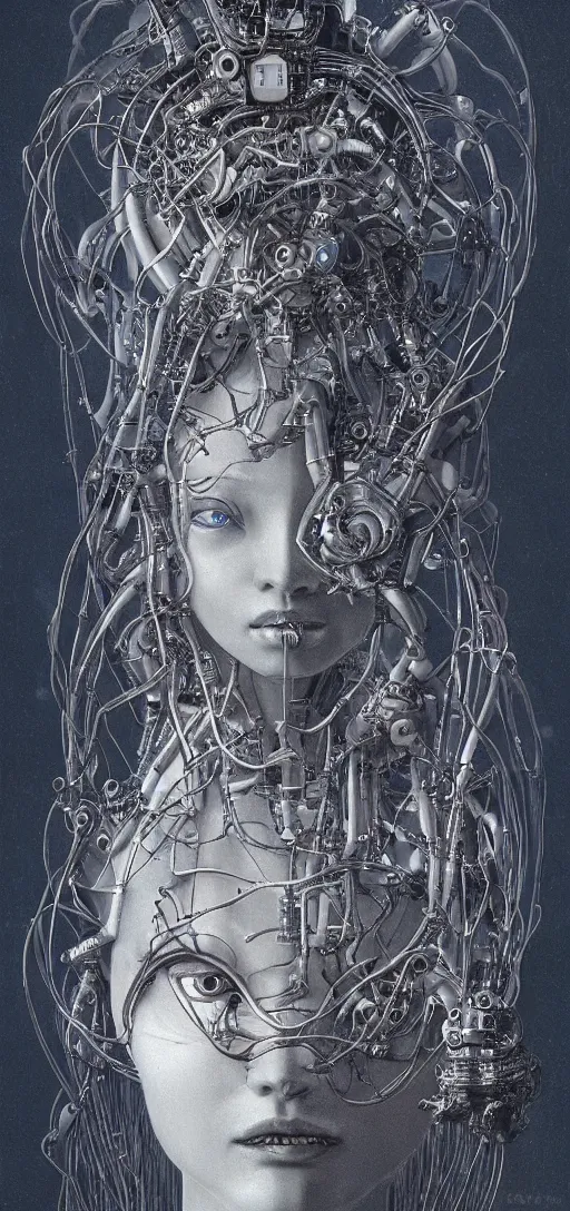 Image similar to female robot pilot, mechanical creature, electronic wires relays computer nerves, girl face, dystopian surrealism, alex ries zdzisław beksinski giger, very intricate details, demon chinese female, deep luminous eyes contain galaxies, head contains nebula, deep aesthetic, concept art, carved silver circuits diodes resistors semiconductors, highly ornate