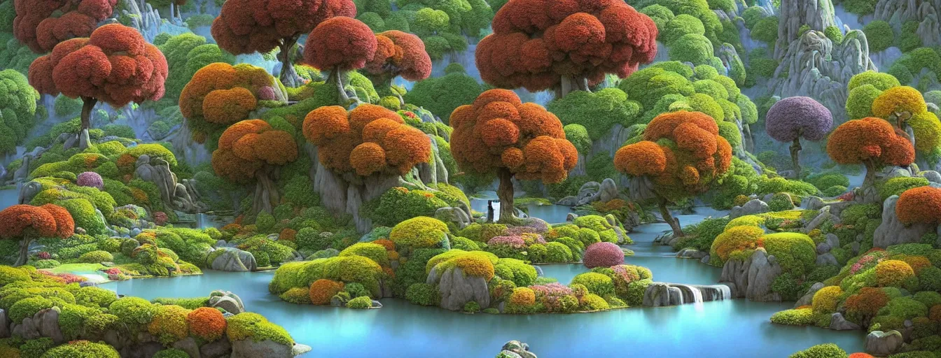 Prompt: a gorgeous very early spring series of lush islands separated by flower - lined streams, twisted gardens, painting by barlowe wayne maxfield parrish and marco mazzoni. tree no leaf!!!! china mountain village!! grey blue and very little light verdancy. the winding stone steps. ultra clear detailed. 3 d, octane render. turbulent blood lake.