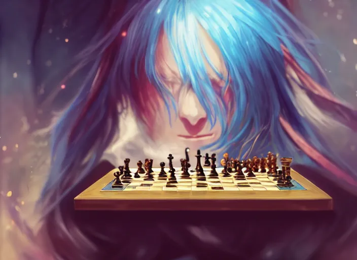 Image similar to rimuru playing chess, with gold eyes, straight hair, sky blue hair, long bangs, high collar, concept art, award winning photography, digital painting, cinematic, by wlop, anime key visual, wlop, 8 k, by ross tran, tom bagshaw, andy warhol