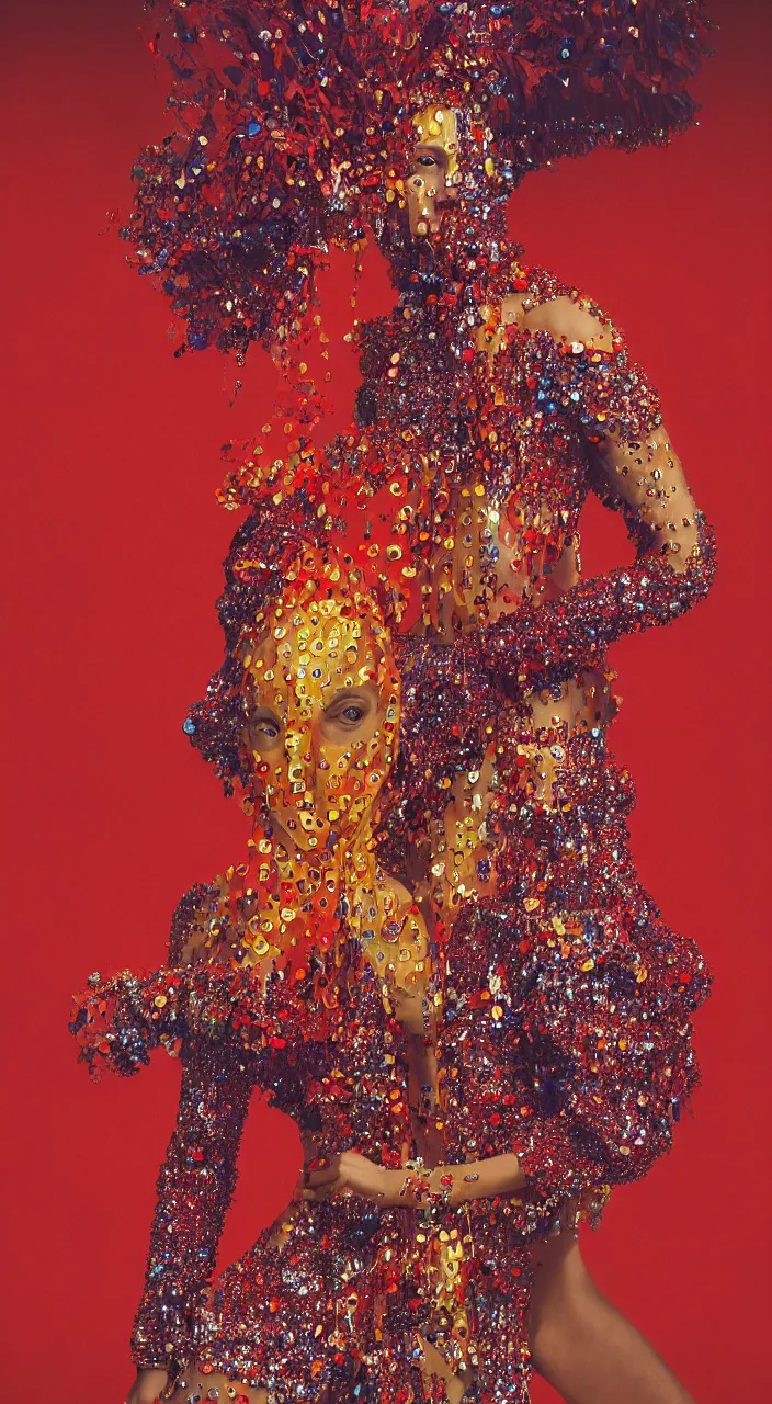 Prompt: a full - body female character design wearing a red sequined bodysuit, beads hanging over her face like an alexander mcqueen headdress, costume by eiko ishioka, haute couture by moebius, steven outram, colorful and psychedelic, hd, 8 k, artstation, high quality