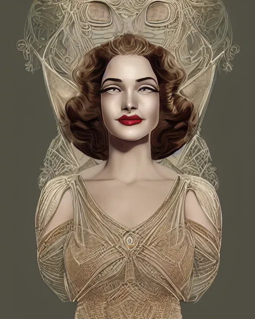 Image similar to portrait of a smiling woman, art deco style, beautiful, elegant, mesmerizing, concept art, fancy clothing, highly detailed, smooth, fantastical, cinematic, intricate linework, artstation, trending, behance, deviantart, sana takeda