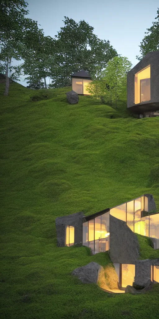 Prompt: a night photo of a contemporary house with large, bright windows. The house is a massive boulder covered in moss. There houses has many people inside. Megascans, 8k, unreal engine 5.