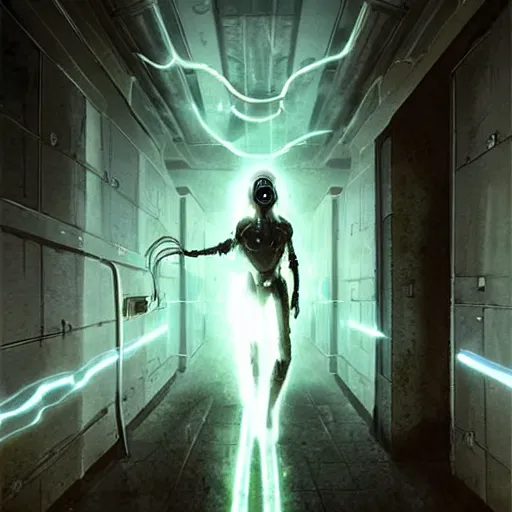 Prompt: humanoid electric transparent lightning elemental wearing sci-fi goggles, haunted spaceship hallway, sci-fi artwork, horror, 8k, concept art, dramatic pose, art by artgerm and greg rutkowski