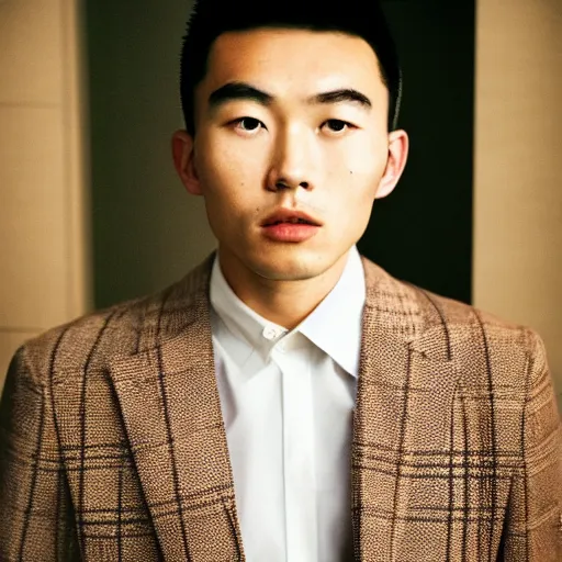 Image similar to Portrait of a young handsome asian man wearing Burberry clothes, fashion, cinematic lighting, captured in low light, sharp focus, detailed, cinestill 800t