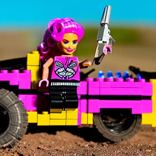 Image similar to barbie lego, madmax style