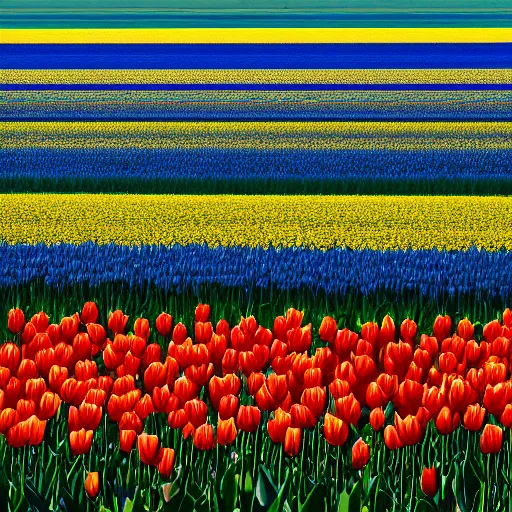 Image similar to A 4k photo of a field of tulips, blue skies, high contrast, early morning