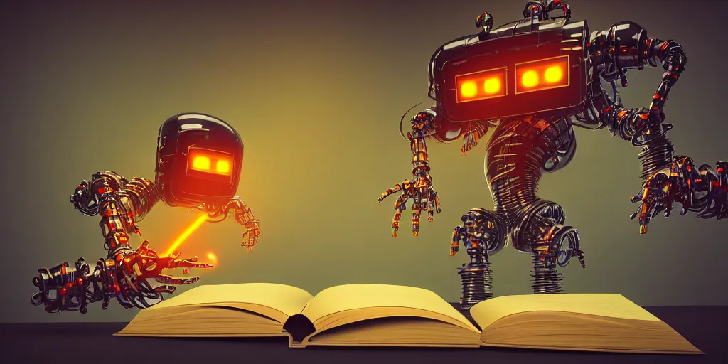 Image similar to A frightening multi armed evil robot devouring books with pipes and tubes and pages floating down, hyperealistic very colourful hdr cinematic lighting cgi render photorealistic cinematic octane render