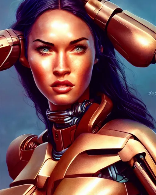 Image similar to weta disney pixar movie still portrait photo of megan fox as cyborg woman by pixar, by weta, wlop, ilya kuvshinov, rossdraws, artgerm, maxim cover, latex, sweaty, iridescent, bright morning, anime, liosh, mucha