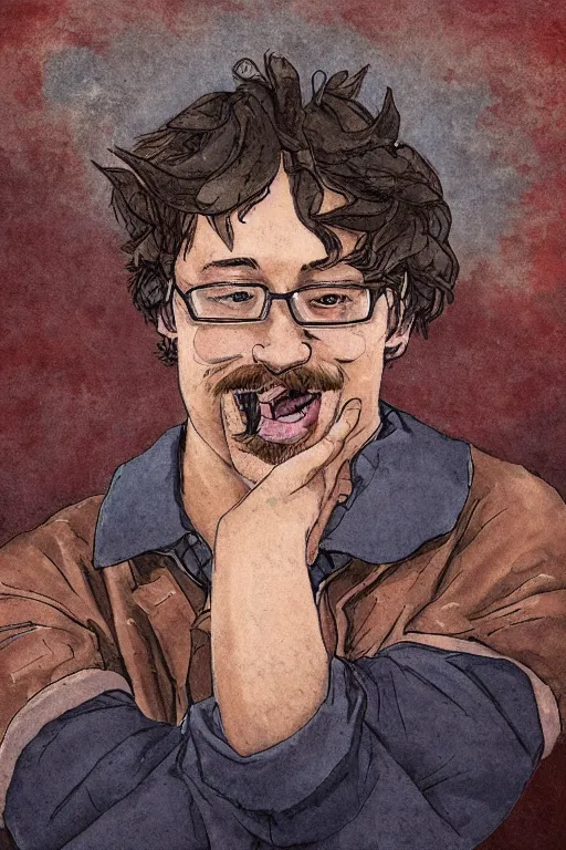Prompt: portrait of Sam Hyde, in the style of Studio Ghibli, sigma male, rule of thirds, award winning photo, highly detailed features, raining, ethereal lighting, bizarre house