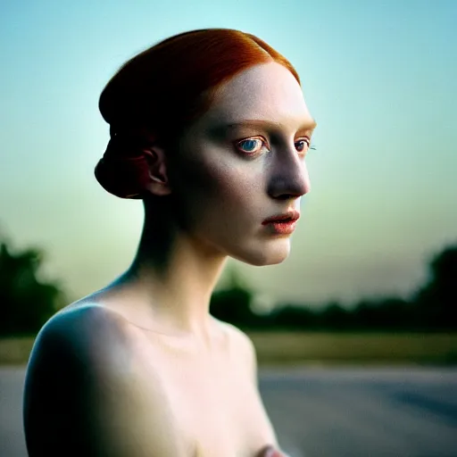 Prompt: photographic portrait of a stunningly beautiful english renaissance female in a vacant parking lot in soft dreamy light at sunset, soft focus, contemporary fashion shoot, hasselblad nikon, in a denis villeneuve movie, by edward robert hughes, annie leibovitz and steve mccurry, david lazar, jimmy nelsson, hyperrealistic, perfect face