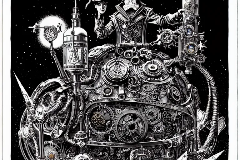 Image similar to a majestic steampunk alchemist wizard table, high details, bold line art, by vincent di fate and joe fenton, inking, etching, screen print, masterpiece, trending on artstation, sharp, high contrast, hyper - detailed,, hd, 4 k, 8 k