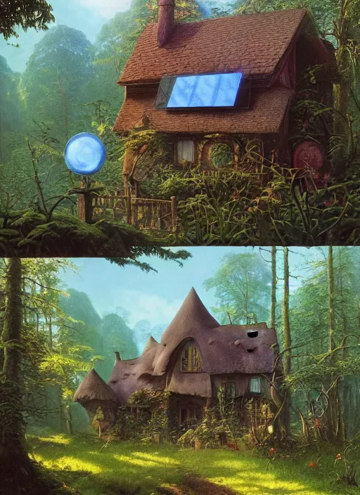 Image similar to hyper realistic witch cottage with solar panels with happy lighting and technology in the woods gorgeous lighting, sunbeams blue sky, lush forest foliage painting by zdzisław beksinski and norman rockwell and greg rutkowski weta studio, and lucasfilm