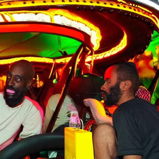 Image similar to death grips riding tilt - a - whirl at a carnival, mc ride, zach hill, andy morin,