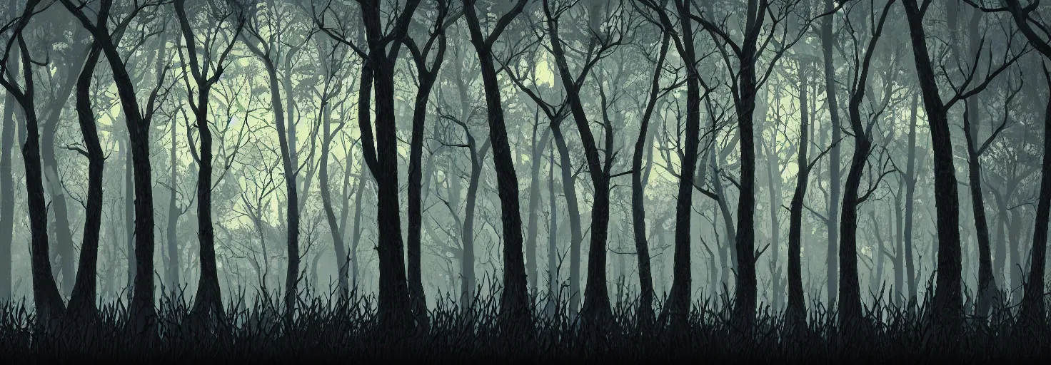 Prompt: distant fungal forest, silhouettes, background parallax layer, detailed, intricate