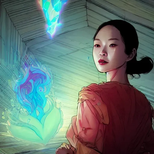 Image similar to portrait of jeon so min, falling in love, glowing with heart aura. sharp focus, cinematic pose, cinematic lighting, unreal engine render. art by josan gonzales and moebius and deathburger.