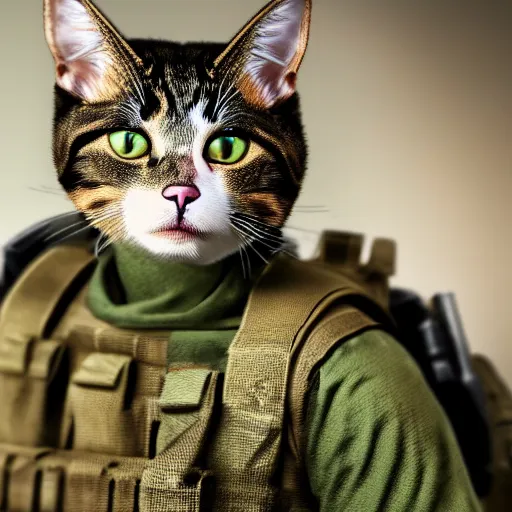 Prompt: cat soldier in call of duty warzone 4k, brown-green eyes ,high detail, high-resolution photograph, professional photography, ultra-detail