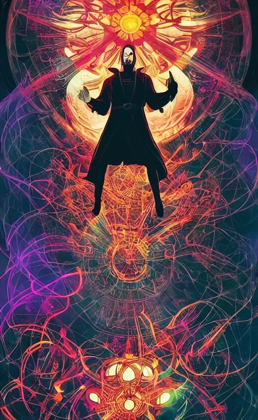 Prompt: nicolas cage as Doctor Strange, dramatic lighting, style of mcbess + Laurie Greasley + Satoshi Kon, symmetric lights and smoke, psychedelic effects, glowing particles, neon smoke