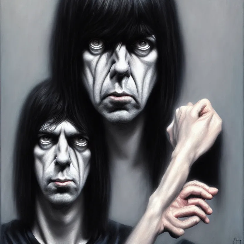 Image similar to portrait of Johnny Ramone, by Casey Baugh, Steve Caldwell, Gottfried Helnwein, and Artgerm, sharp focus, 8k resolution, masterpiece work, digital render.