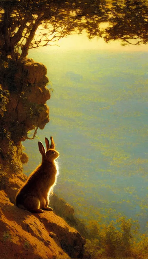 Image similar to hyper realistic rabbit looking off of a cliff, sun setting behind rabbit, lush forest in valley below, painted by gaston bussiere, craig mullins, j. c. leyendecker 8 k