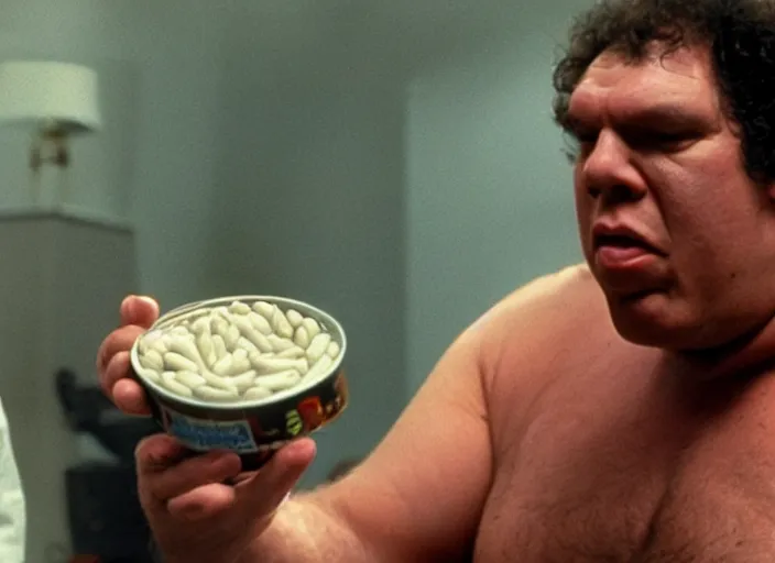 Image similar to film still of Andre the Giant eating a can of beans in the new Sleepless in Seattle movie, 4k