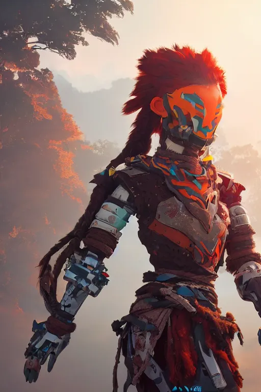 Image similar to combination suit armor aloy horizon forbidden west horizon zero dawn robot ninja mask helmet backpack tribal, aesthetic octane render, 8 k hd resolution, by ilya kuvshinov and cushart krentz and gilleard james radiating a glowing aura cgi rtx 2 0 2 2