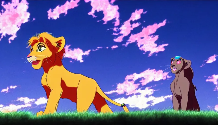 Image similar to simba from the lion king standing in tokyo - 3 in a long shot still from the anime neon genesis evangelion, 4 k, neon genesis evangelion official media, high quality, hideaki anno anime