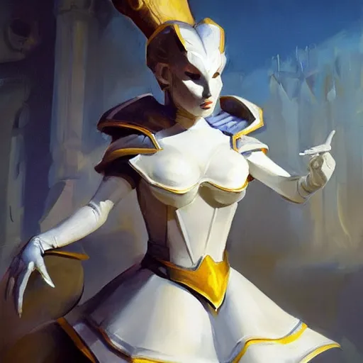 Image similar to greg manchess portrait painting of partially armored white queen from alice in wonderland as overwatch character, medium shot, asymmetrical, profile picture, organic painting, sunny day, matte painting, bold shapes, hard edges, street art, trending on artstation, by huang guangjian, gil elvgren, ruan jia, randy vargas, greg rutkowski