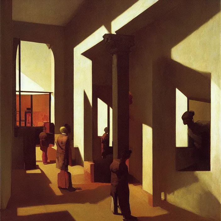 Image similar to people inside roman museum looking through the window Edward Hopper and James Gilleard, Zdzislaw Beksinski, highly detailed