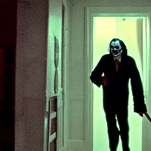 Prompt: jack torrance as the joker in the shining, standing at end of long hall holding an axe, widescreen shot, anamorphic film, screenshot by stanley kubrick