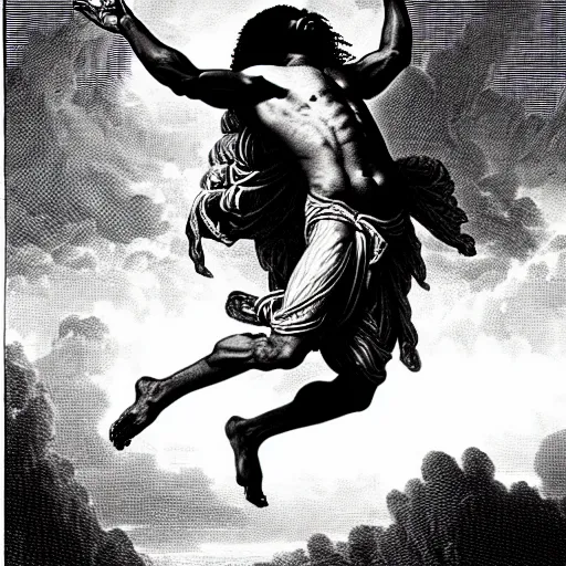 Prompt: cheef keef ascending into heaven holding pounds of weed bags, biblical image, style of gustave dore, highly detailed, beautiful, high contrast, black and white