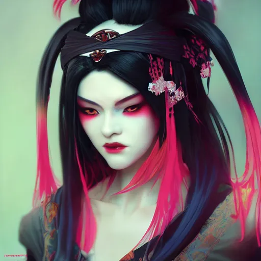 Prompt: geisha ninja girl anime, hyper detailed, digital art, trending in artstation, cinematic lighting, redhead, studio quality, smooth render, fluorescent skin, unreal engine 5 rendered, octane rendered, art style by klimt and nixeu and ian sprigger and wlop and krenz cushart