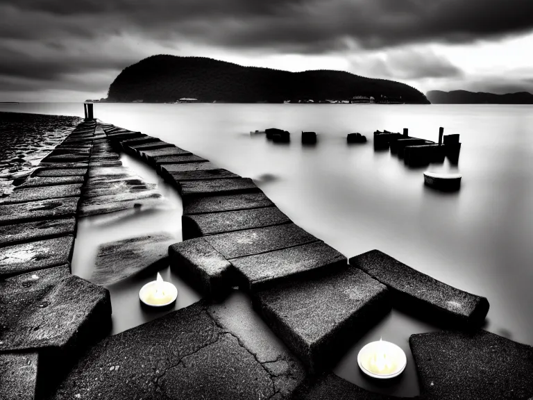 Prompt: a forgotten wharf on a cold sea by zacharias aagaard, hyperrealism, high contrast, low light, desaturated, grey mist, cobblestones, orange candle flames, volumetric lighting