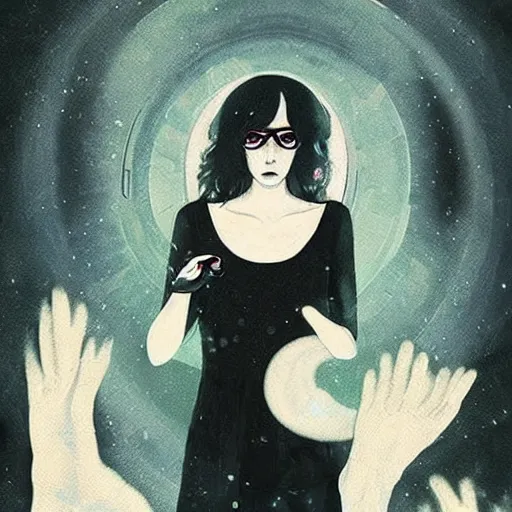 Image similar to A experimental art. A rip in spacetime. Did this device in his hand open a portal to another dimension or reality?! dark black by Anna Dittmann, by Edmund Dulac haunting