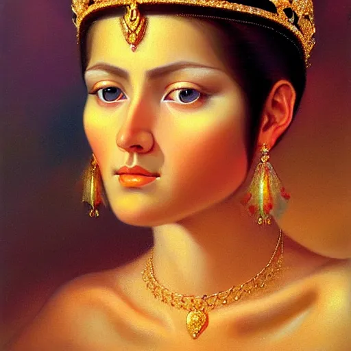 Prompt: clothed in blouse, tiara, necklace, earrings. close - up face portrait painting of young scythian massaget saka princess, by boris vallejo.