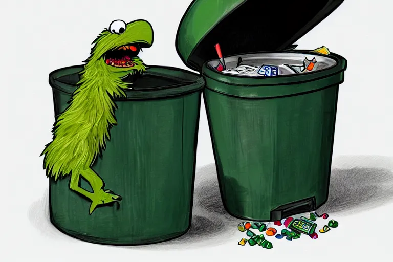 Image similar to Oscar the grouch in a trash can, highly detailed, digital painting, artstation, concept art, smooth, sharp focus, illustration