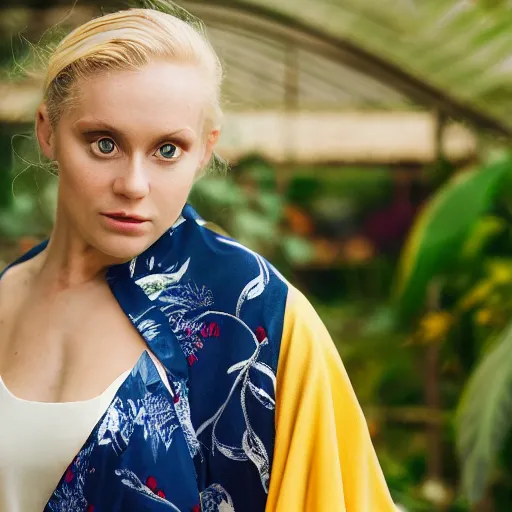 Image similar to head to shoulder portrait photograph of an elegant blond woman wearing a yellow kimono in a tropical greenhouse. looking at the camera!!. very detailed barn owl on her shoulder!!!. super resolution. 85 mm f1.8 lens.bokeh.graflex. by Alessio albi !