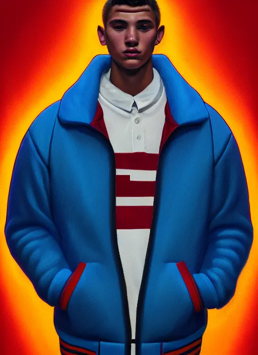 Image similar to portrait of high school senior boy named big moose, blonde short hair, jock, beefy, wide face, square jaw, square facial structure, blue varsity jacket with letter r, intricate, elegant, glowing lights, highly detailed, digital painting, artstation, concept art, sharp focus, illustration, art by wlop, mars ravelo and greg rutkowski