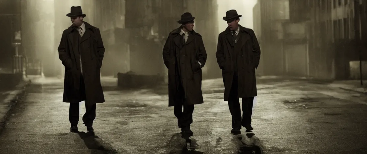Image similar to a drunk and depressed film noir detective in a trench-coat, walking along a street; extremely detailed; film still