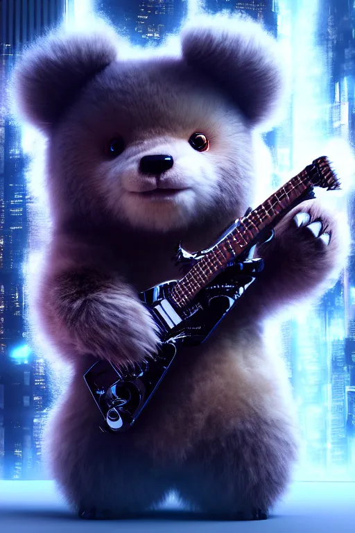 Image similar to high quality 3 d render very cute fluffy cyborg!! bear! plays huge electric guitar, cyberpunk highly detailed, unreal engine cinematic smooth, in the style of blade runner & detective pikachu, hannah yata charlie immer, moody light, low angle, uhd 8 k, sharp focus