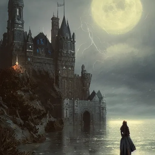 Image similar to a victorian setting, dramatic light, castle background, clouds, moon, storm, night, high detail, fantasy background, painted by greg rutkowski, digital art, trending on artstation