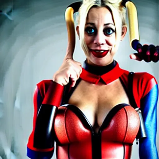 Image similar to A still of Kaley Cuoco as Harley Quinn, wearing her comics-accurate outfit